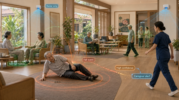 Architectural diagram: Smart aging-in-place home showing unobtrusive radar dome for passive fall detection and ADL (Activities of Daily Living) monitoring in Vinhomes elderly occupant cohort, addressing Vietnam's rapid aging demographic.